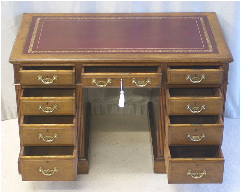 2076 Small Antique Oak Pedestal Desk Nine Drawers Open